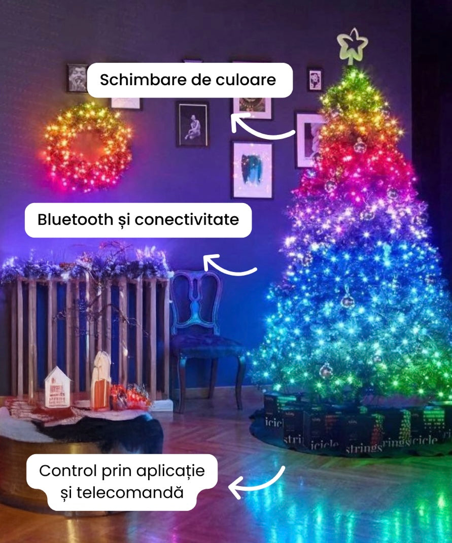 Instalație Smart RGB, lungime 8 m, pentru brad de Crăciun, cu aplicație