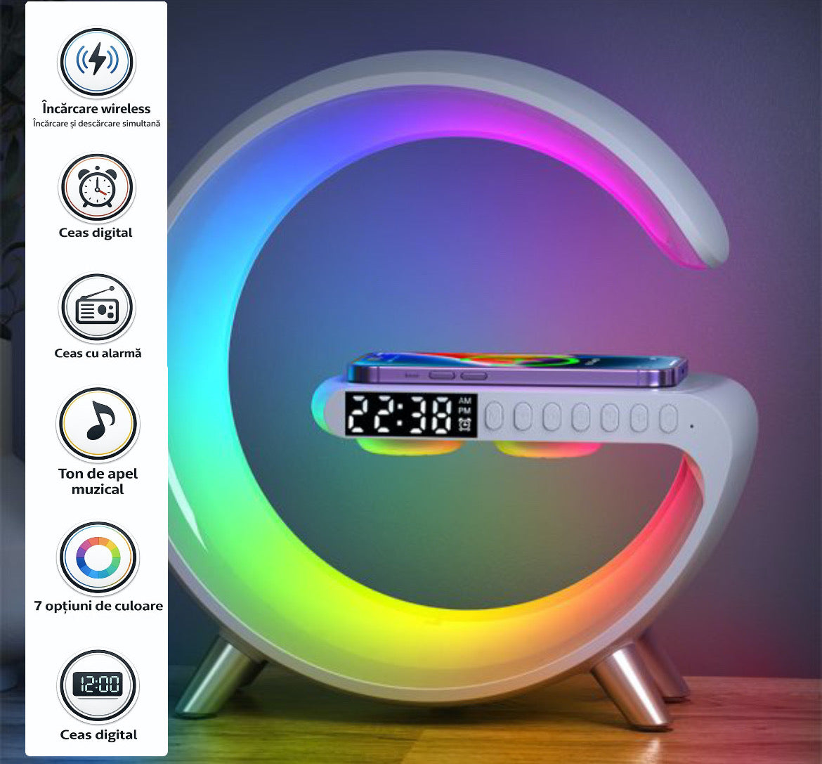 Lampă RGB multifuncțională – ceas, alarmă, difuzor și încărcare wireless