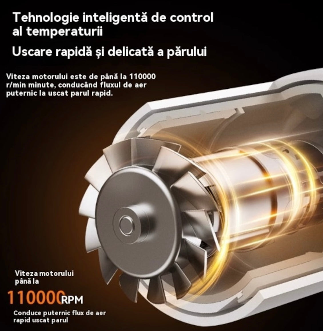 Uscător de păr ultra-puternic, 120.000 RPM, 3 trepte de viteză, cu ioni negativi, aer rece/cald