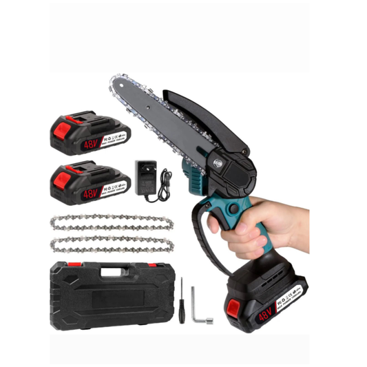 Drujbă electric portabil – 48V, lamă 15 cm, 2 acumulatori + 2 lanțuri incluse