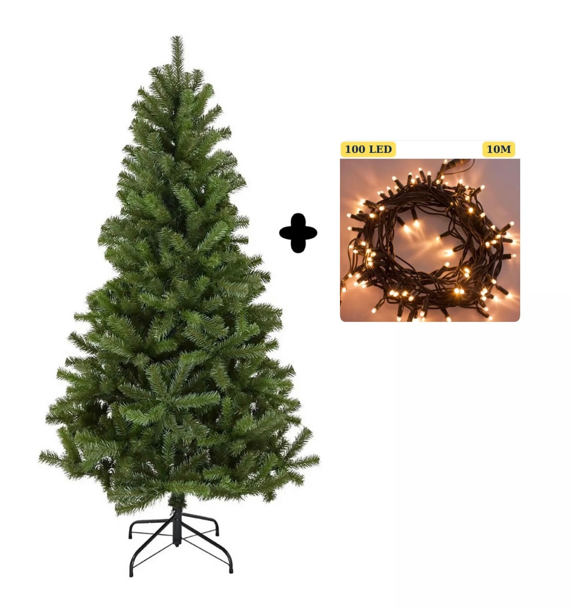 Brad Artificial 180 cm cu Suport Metalic + Instalație cu 100 de LED-uri – 10 metri