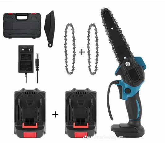 Drujbă electric portabil – 48V, lamă 15 cm, 2 acumulatori + 2 lanțuri incluse