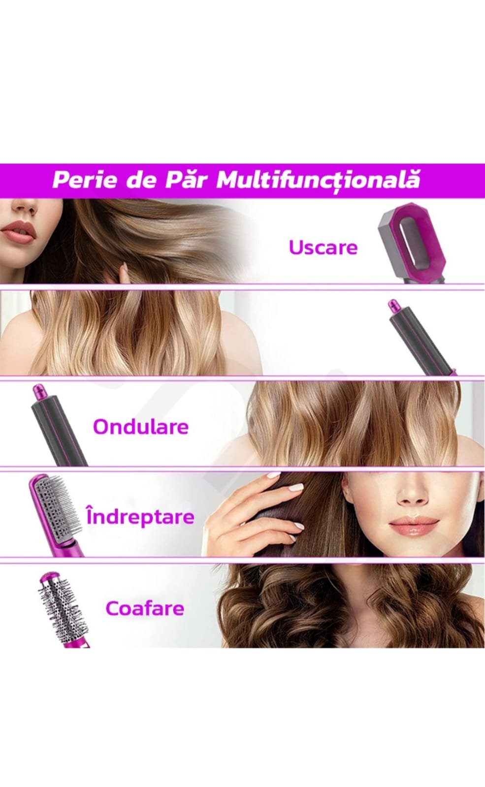 Perie de păr și uscător 5 în 1, multifuncțională, pentru creponare, ondulare și îndreptare, cu înveliș ceramic